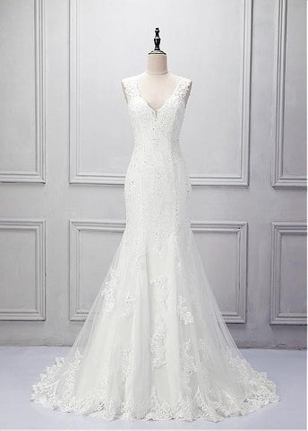 Elegant Tulle V-neck Neckline Mermaid Wedding Dress With Beaded Lace ...