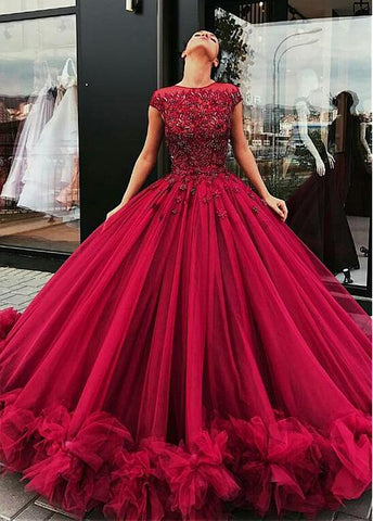 Cap Sleeves Ball Gown Evening Dress