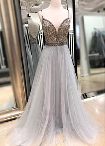 Tulle Spaghetti Straps Gary Beading Floor-length A-line Prom Dress