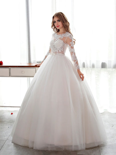 Open Back Lace Ball Gown Long Sleeve Wedding Dress – Sassymyprom