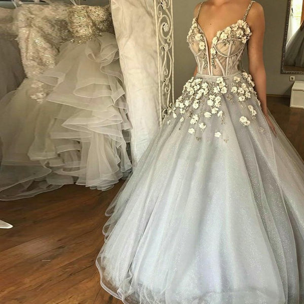 Ball Gown Straps Floor-Length Grey Sequined Wedding Dress with ...