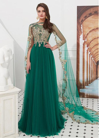 Tulle Jewel Detachable Shawl Green A-line Prom Dress – Sassymyprom