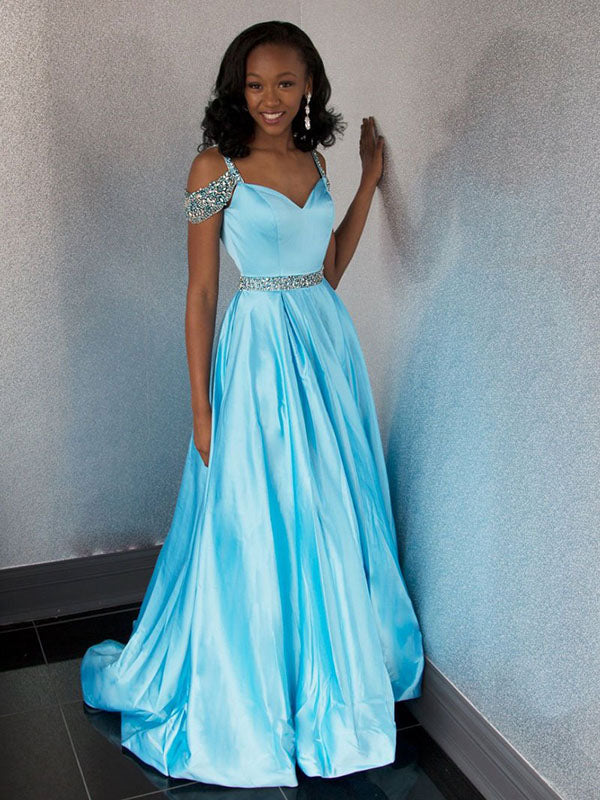 Cheap A-Line Sweetheart Blue Beading Satin Long Prom Dress – Sassymyprom
