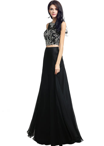 Romantic Chiffon & Tulle Illusion Jewel Neckline Two-piece A-line Evening Dresses With Beadings