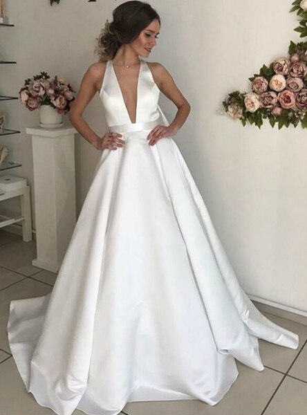 Backless Sleeveless Sexy White Deep V-neck Wedding Dress – Sassymyprom