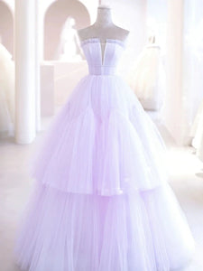 Lilac Purple Strapless Tulle Sheer A Line Prom Dress