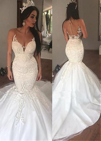 Tulle Sheer Jewel Lace Appliques Mermaid Wedding Dress – Sassymyprom
