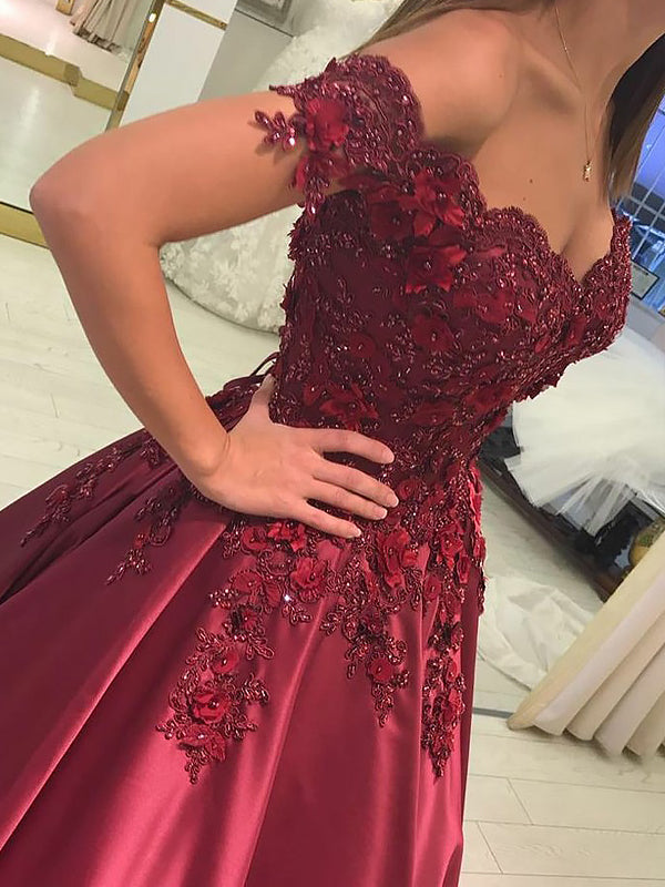 Burgundy Ball Gown Applique Satin Prom Dress Sassymyprom 9260