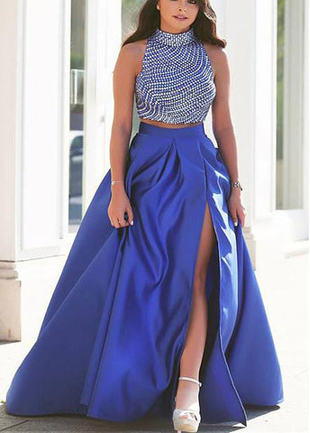 Amazing Satin High Collar Neckline Two Piece A-line Prom Dresses With ...