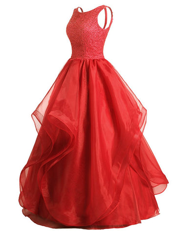 Long Prom Dress Asymmetric Ball Gown Evening Gown Beads Organza Gown ...