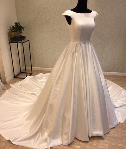 White Round Neck Satin Long Wedding Dress – Sassymyprom