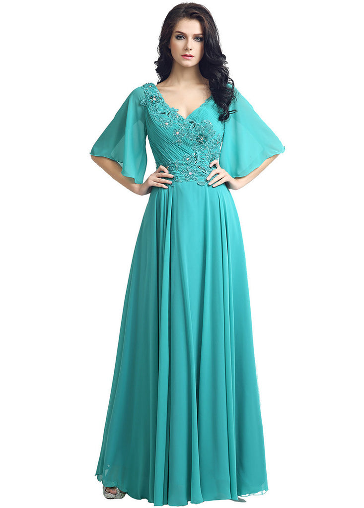 Modest Chiffon V-neck Neckline Trumpet Sleeves A-line Evening Dresses ...