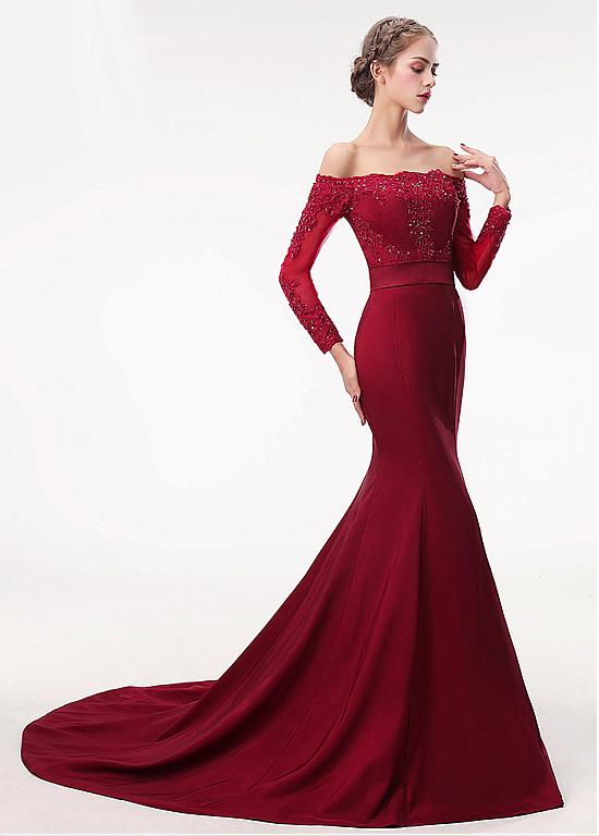 Satin Off-the-shoulder Beading Red Mermaid Evening Dress With Belt ...