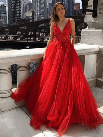 Appliques Red Lace Long A Line V Neck Prom Dress – Sassymyprom
