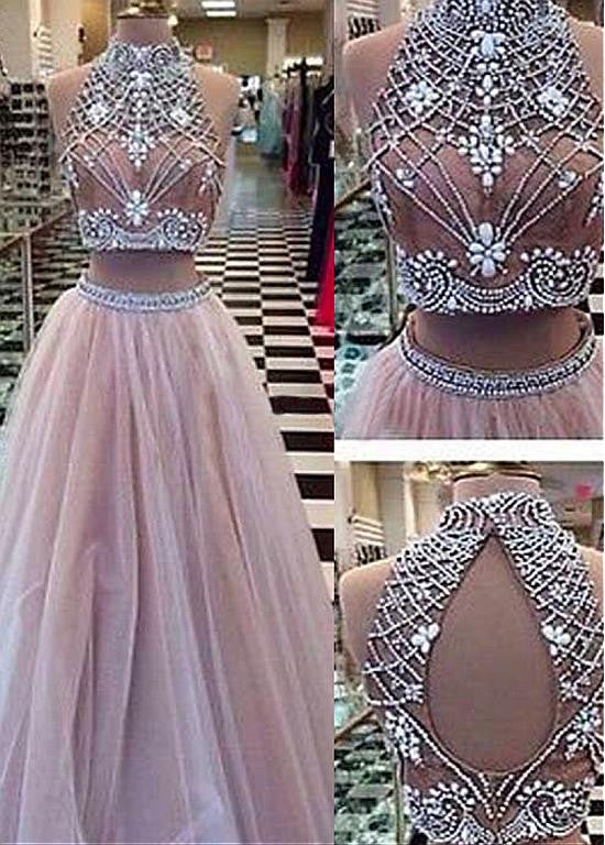 Stunning Tulle High Collar Neckline A-Line Two-piece Prom Dresses With ...