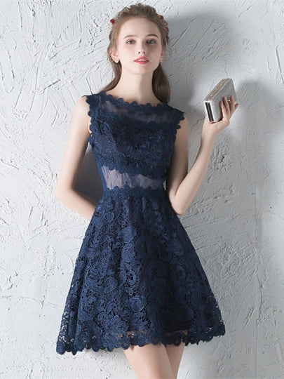 Navy Blue Lace A-Line Scoop Short Homecoming Dress – Sassymyprom