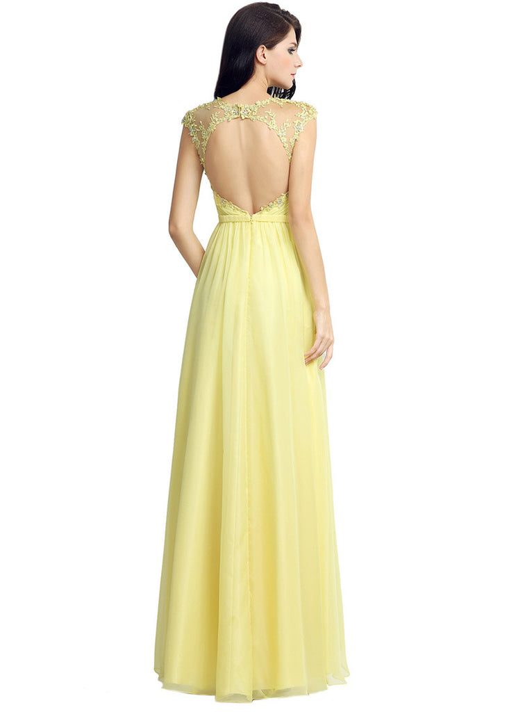 Chic Chiffon Illusion Jewel Neckline Pleated A-line Prom Dresses With ...