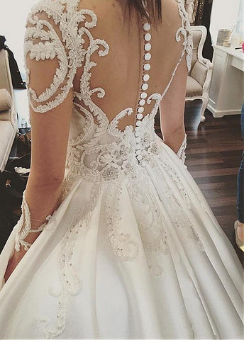 Attractive Tulle & Satin Sheer Jewel Neckline A-Line Wedding Dresses ...
