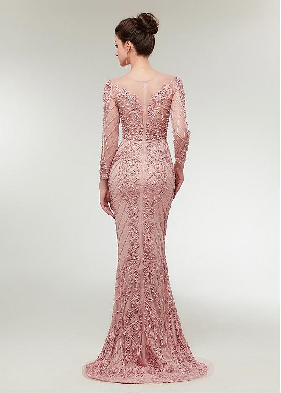 Lace Jewel Long Sleeve Pink Mermaid Evening Dress – Sassymyprom