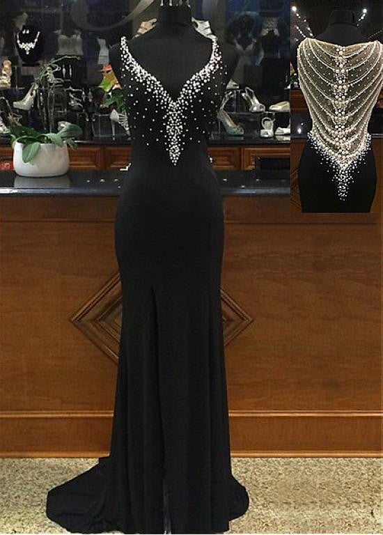Sexy Chiffon And Tulle V Neck Neckline Sheath Evening Dresses With Beadings And Rhinestones 4741