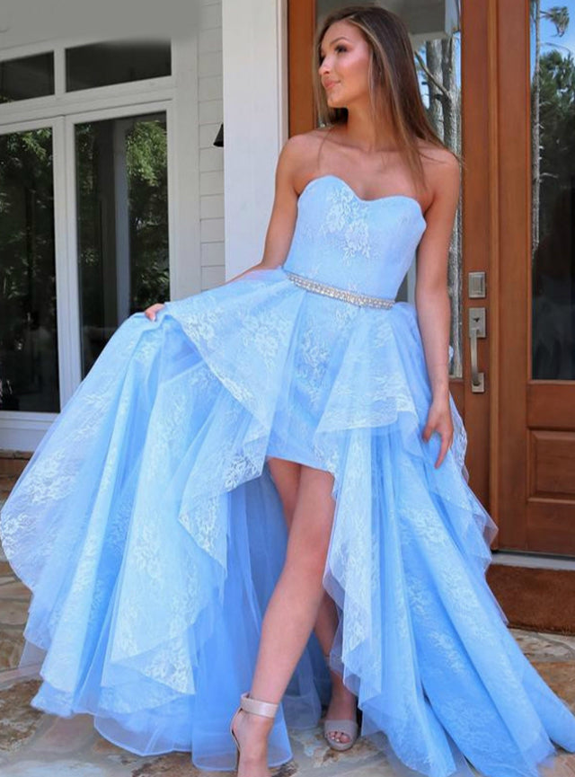 Lace Hi Lo Tulle Beading Light Blue Sweetheart Prom Dress – Sassymyprom