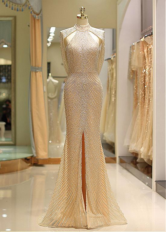 Tulle High Collar Backless Gold Mermaid Prom Dress – Sassymyprom