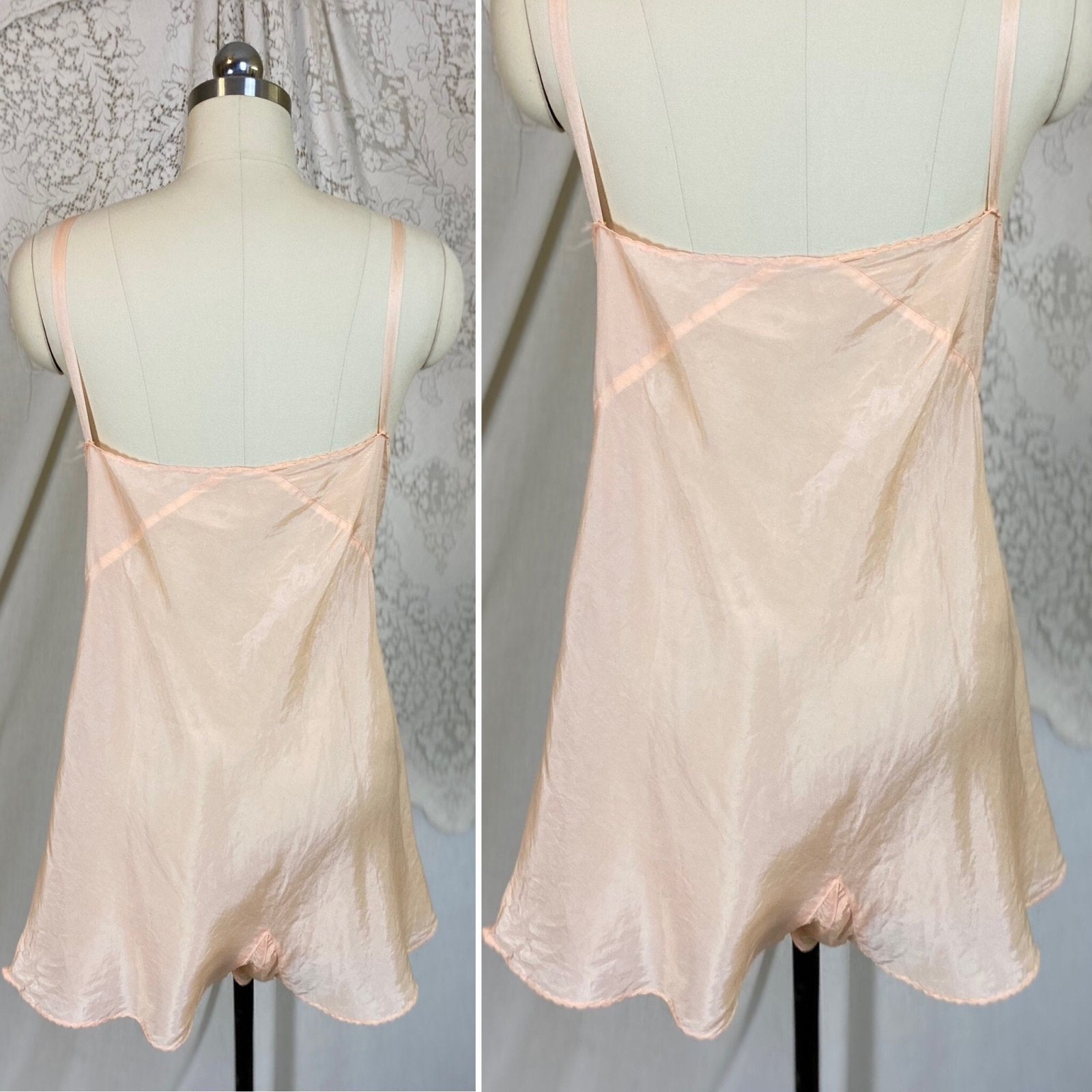Vintage 1930's Teddy Chemise | Pale Peachy Pink Silk with Satin Trim & Floral Embroidery | Size M, LG - Daggers & Dames