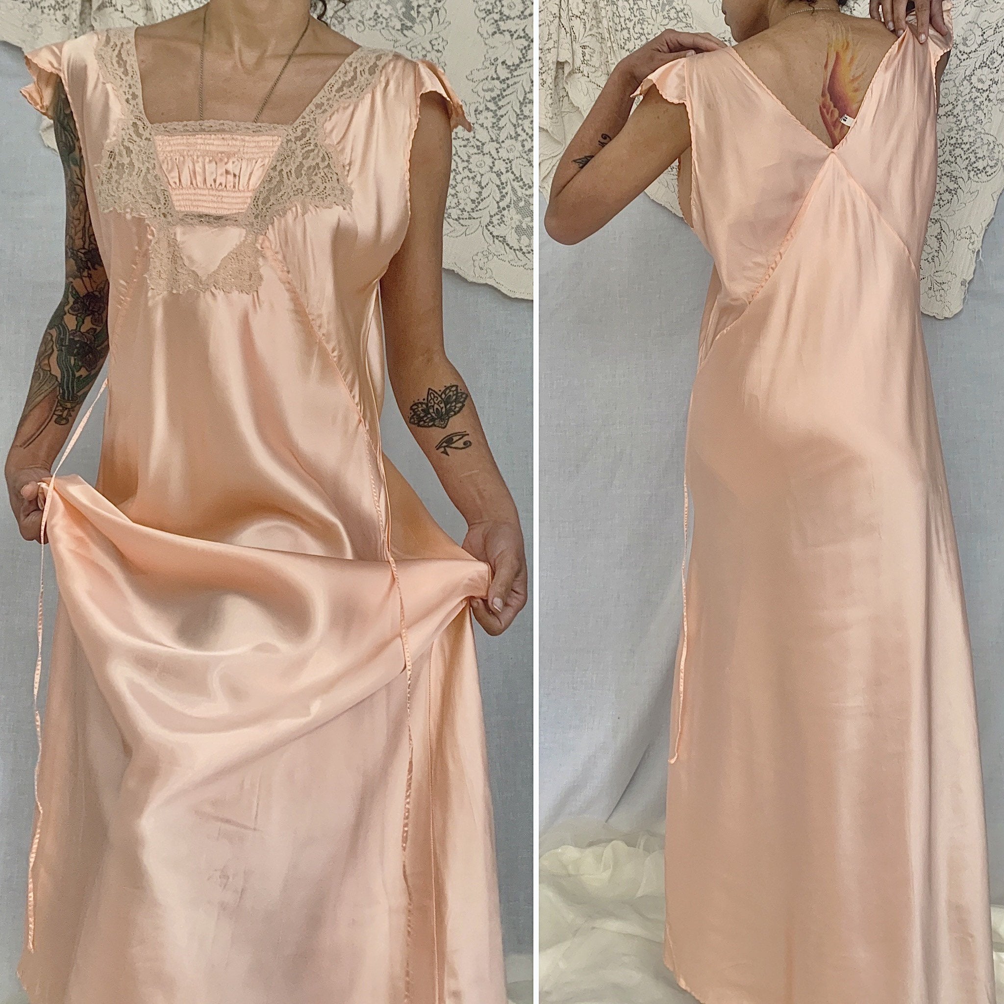 Resoneer Luchtvaart appel Vintage 1940's Nightgown | Blush Pink Rayon Satin with Nude Lace | Size XXL  | NOS -