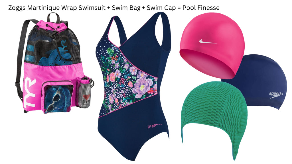 zoggs swimsuit, swimming bag and swim caps