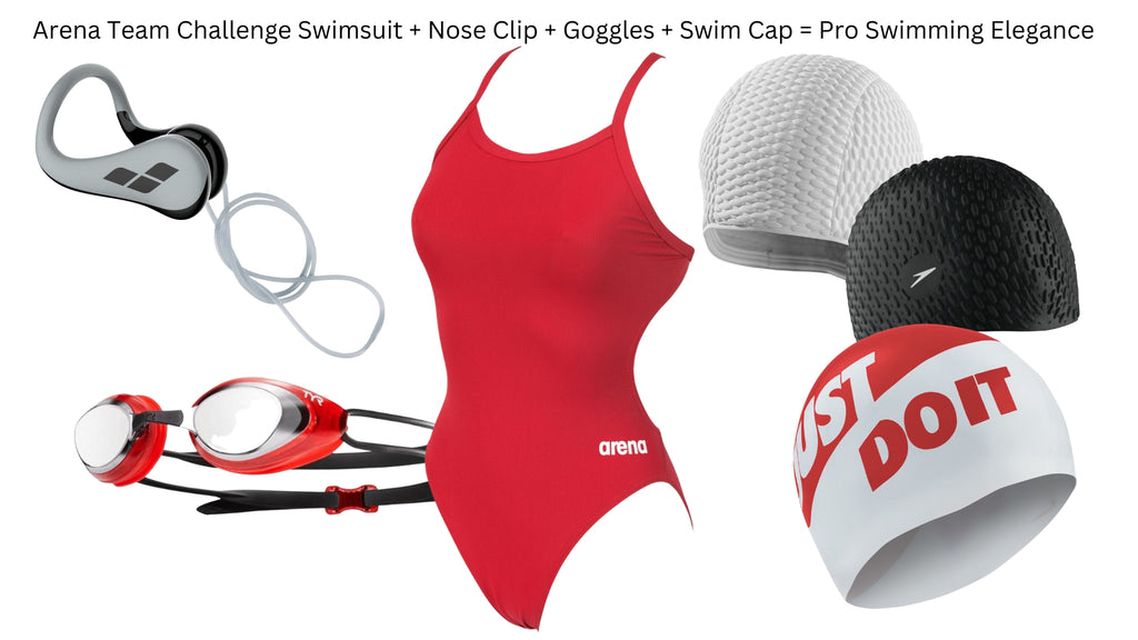 arena team challenge swimsuit-nose clip-swim caps