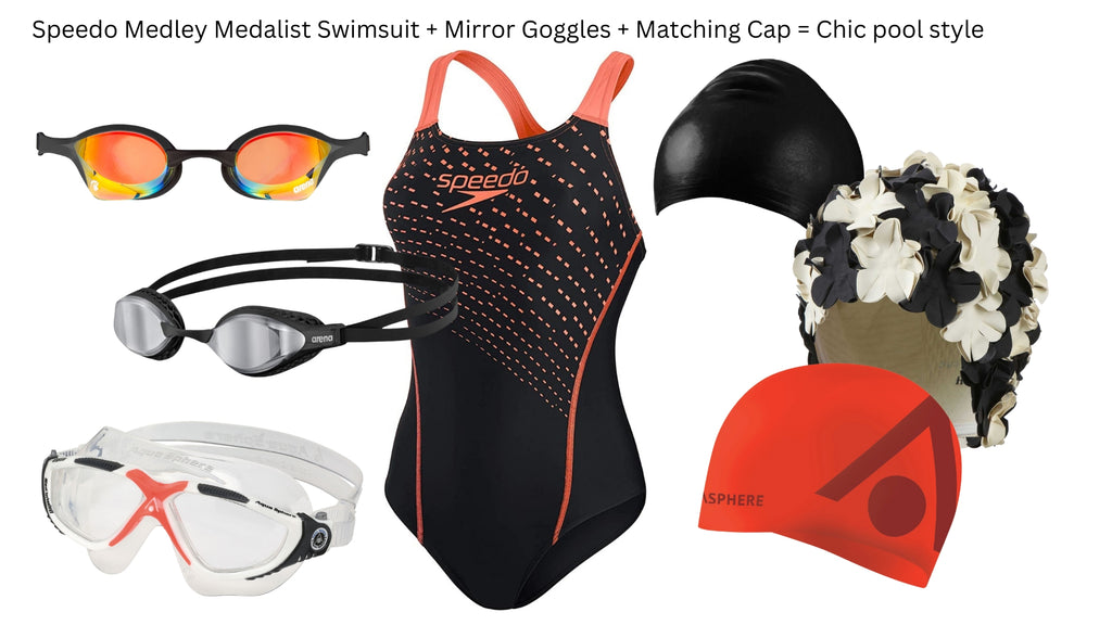 speedo swimsuit matching goggles and swim caps