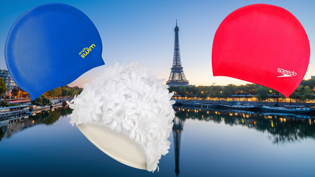 Paris 2024 Olympics, blue, red and white swim caps