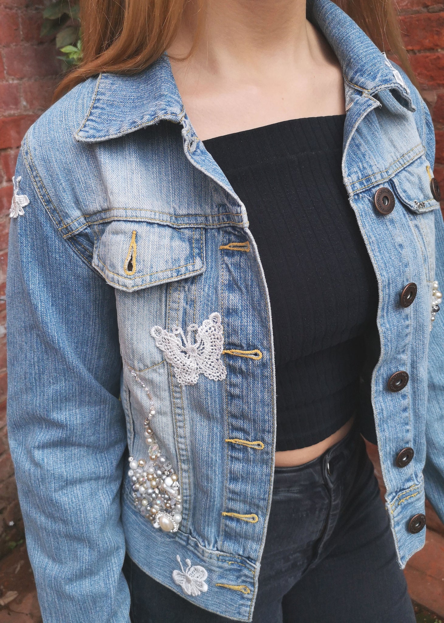 Up-cycled, blinged, boho, denim jacket, vintage pearls and lace, ladie ...