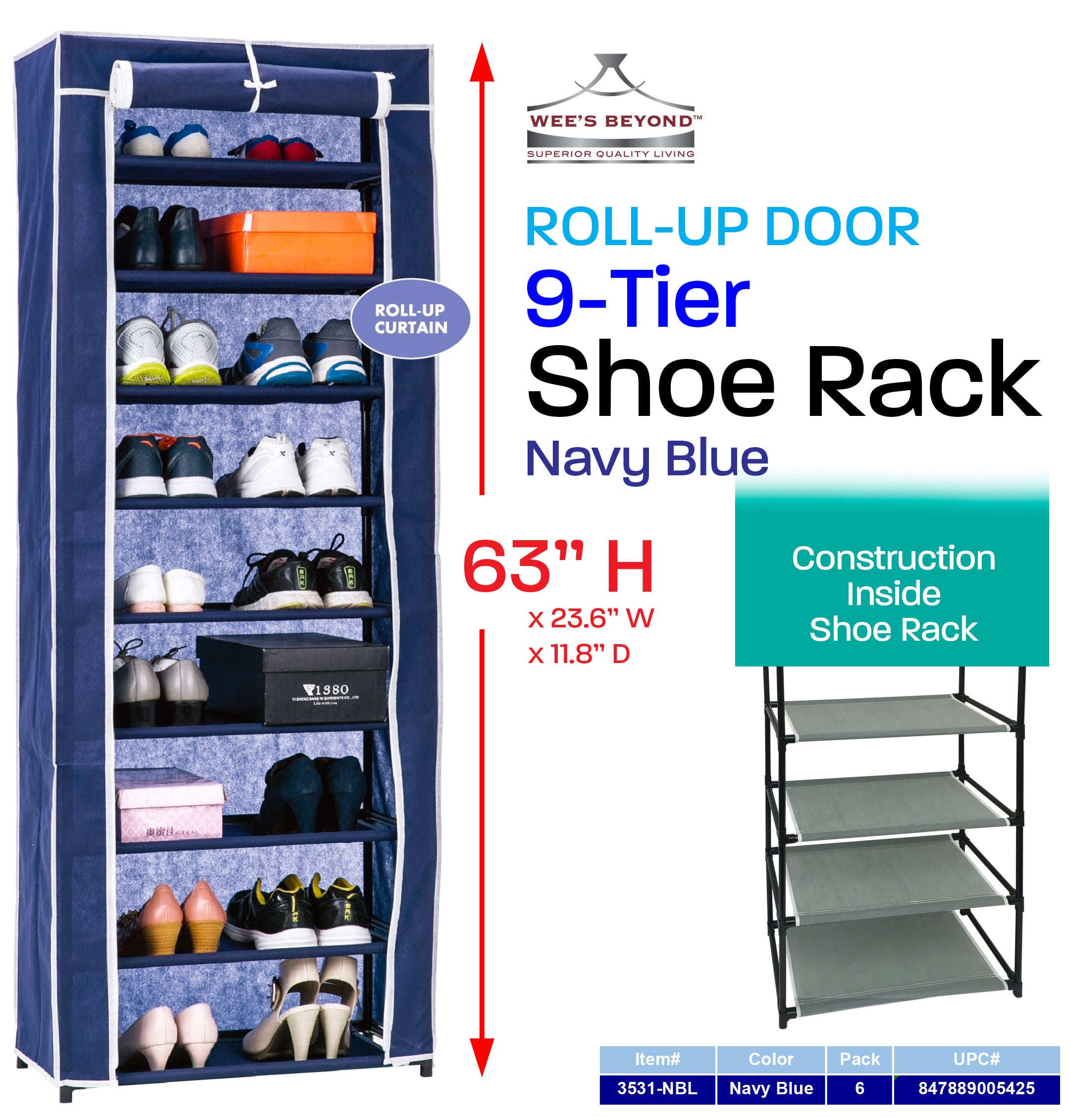 3531-NBL Roll-up Door 9-Tier Shoe 