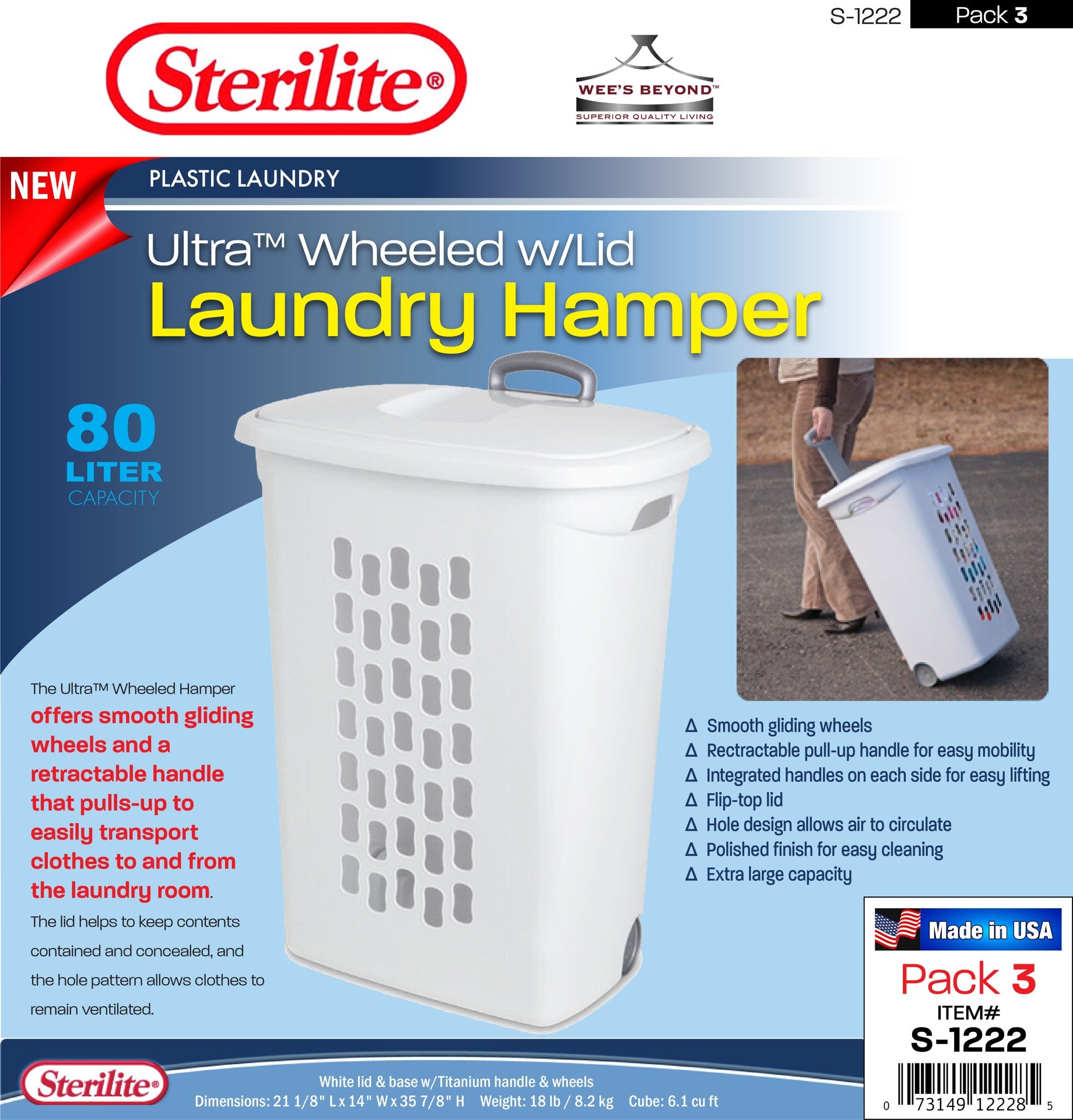 S1222 Sterilite Plastic Wheeled Laundry Hamper w