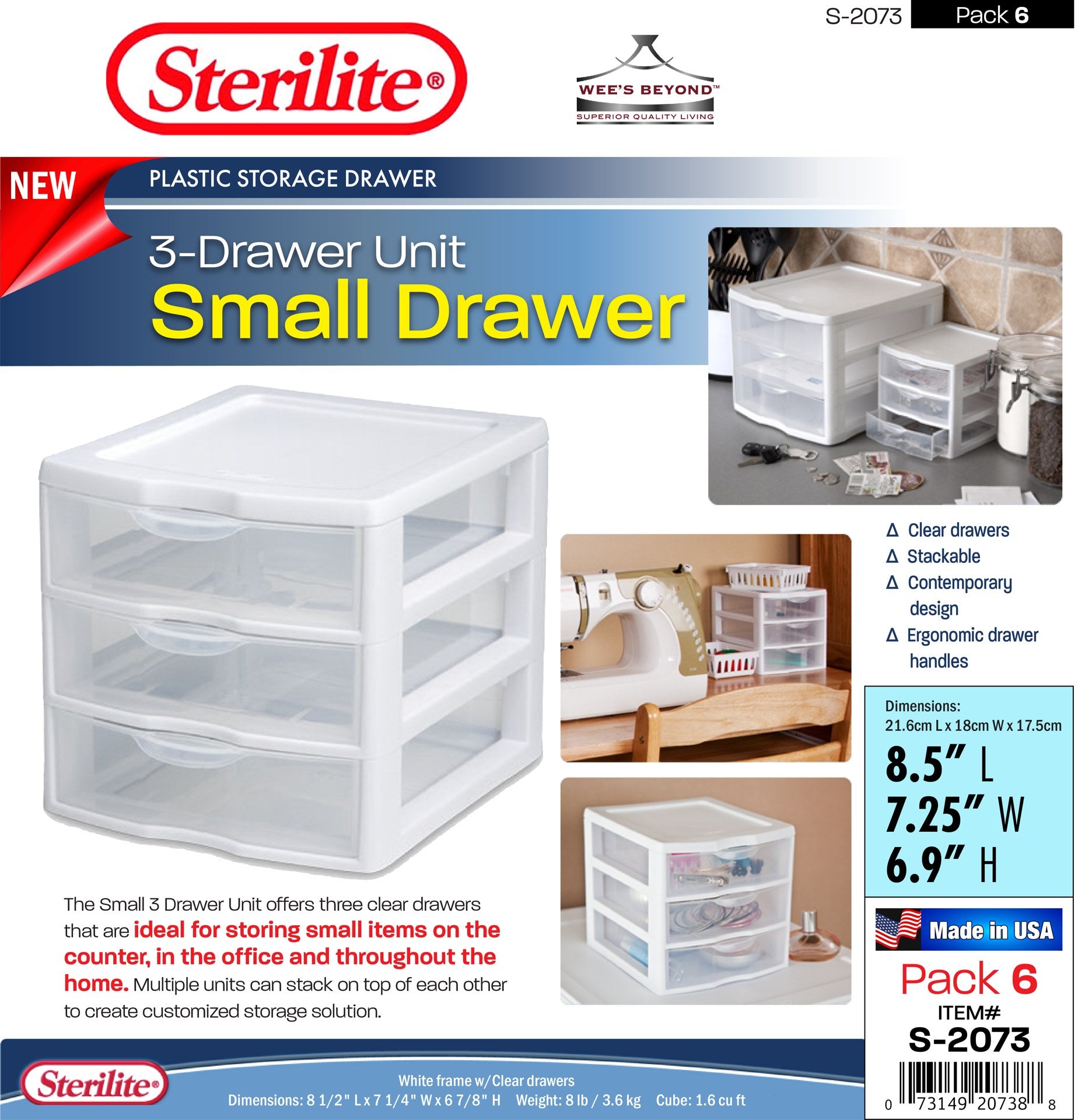 S 2073 Sterilite Plastic Small 3 Drawer Unit Case Pack 6 Pcs