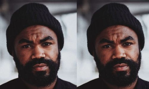 collage of black man with bushy beard and beanie hat