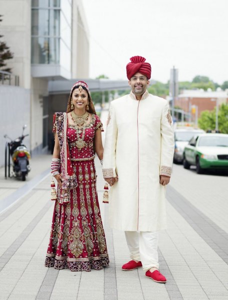 Custom made Grooms wedding Sherwani to match brides wedding lehenga.