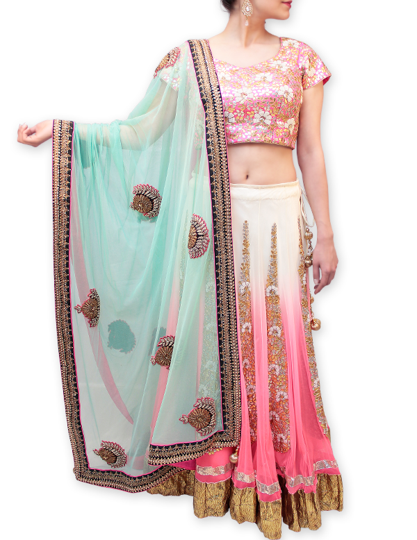 pink and blue bridal lehenga