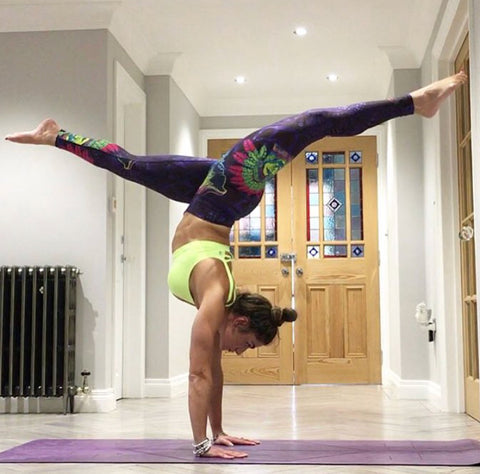 Handstand in Elephant Print Yoga Pants from Blossom Yoga Wear