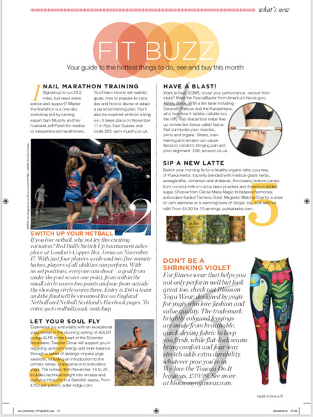 Blossom Yoga Wear Feature in health and fitness magazine
