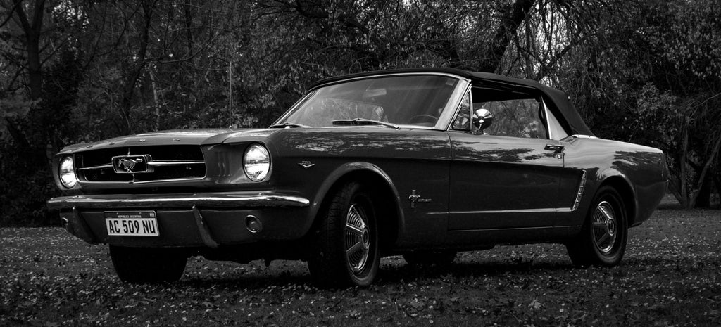 Black and white photo 0f Classic Mustang