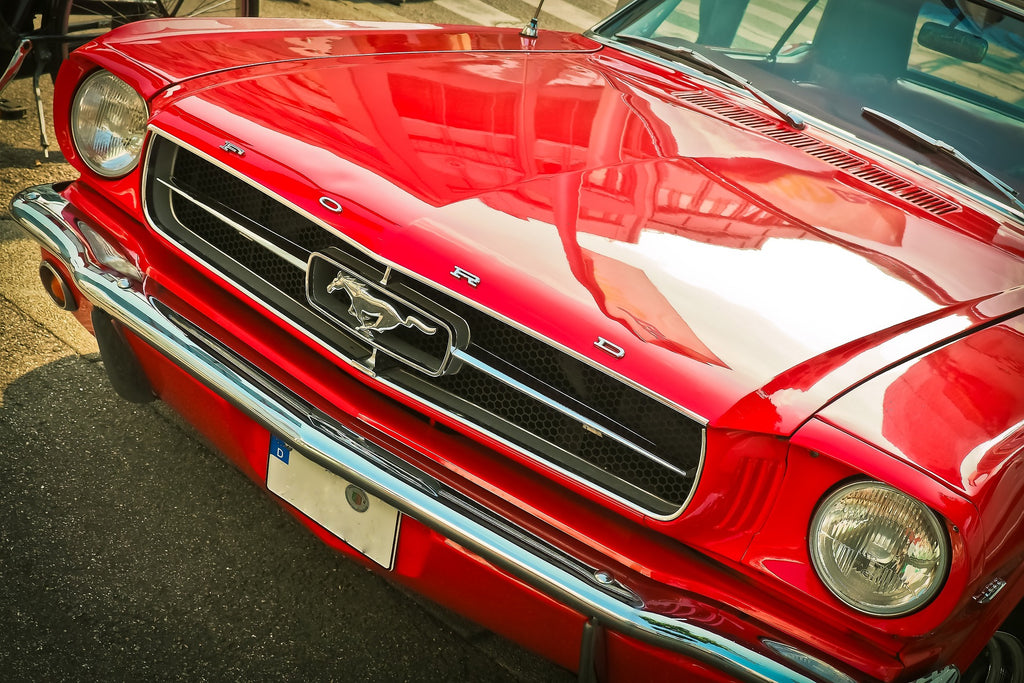 67 Ford Mustang Red with front angle view