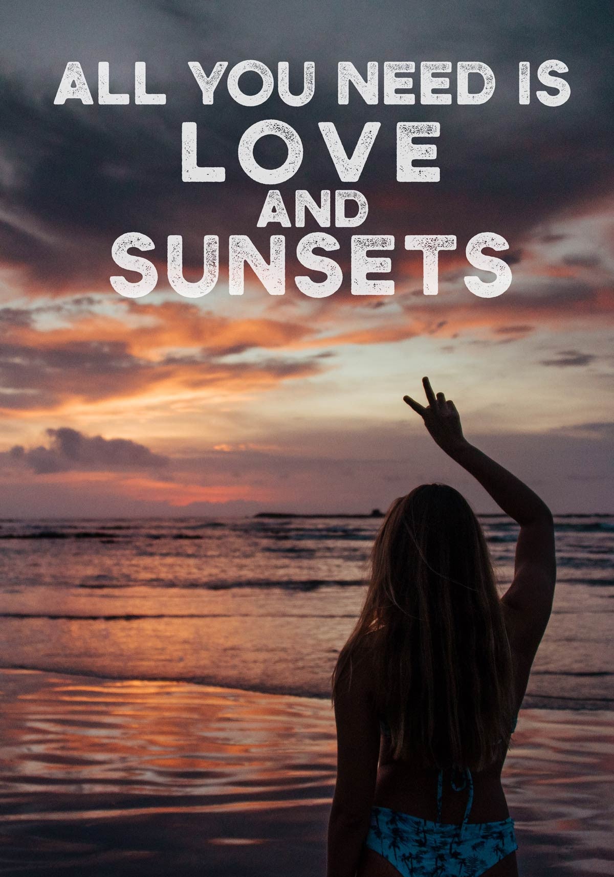 All you need is love and sunsets. Surfer girl saying goodnight to the sunset in Tamarindo Costa Rica. 