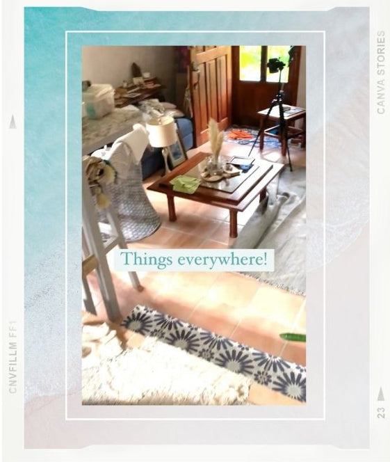Behind the scenes Instagram Reel of destination Costa Rica photographer Kristen M. Brown at home with her sunset and beach photography prints. Boho surf shack in Tamarindo, Costa Rica. Samba to the Sea for The Sunset Shop.