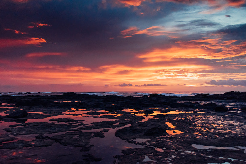 Sunset low tide pool reflections over the Pacific Ocean in Costa Rica. Photographed by Kristen M. Brown, Samba to the Sea for The Sunset Shop.