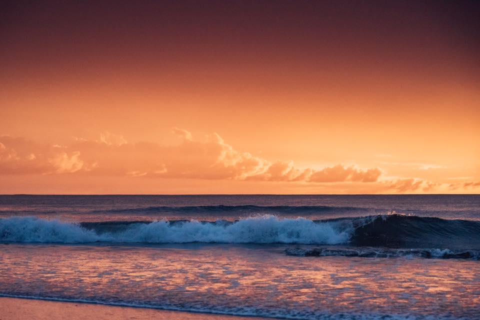 Waves breaking during a gorgeous sunset in Costa Rica. Photographed by Kristen M. Brown, Samba to the Sea for The Sunset Shop.