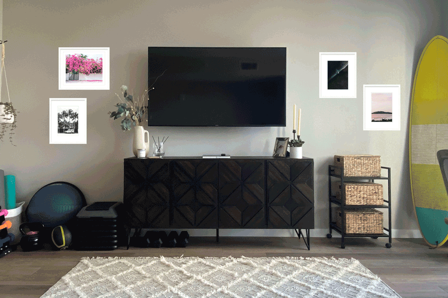 Living room sunset and surf gallery wall mockup. Breathtaking tropical photography prints available at The Sunset Shop by photographer Kristen M. Brown of Samba to the Sea.