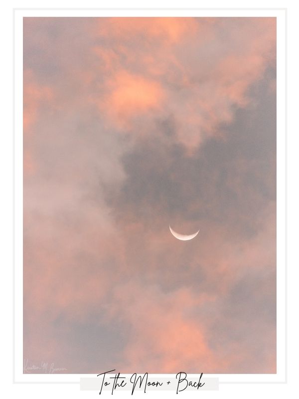 Beautiful Savannah Georgia sunrise and crescent moon sky. "To the Moon and Back" photographed by Kristen M. Brown, available at The Sunset Shop.