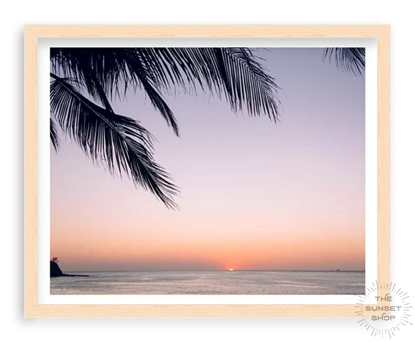 Sunset palm tree photo print. Beautiful palm tree silhouette with an ombre sunset sky over the ocean in Costa Rica. Photographed by Samba to the Sea for The Sunset Shop.